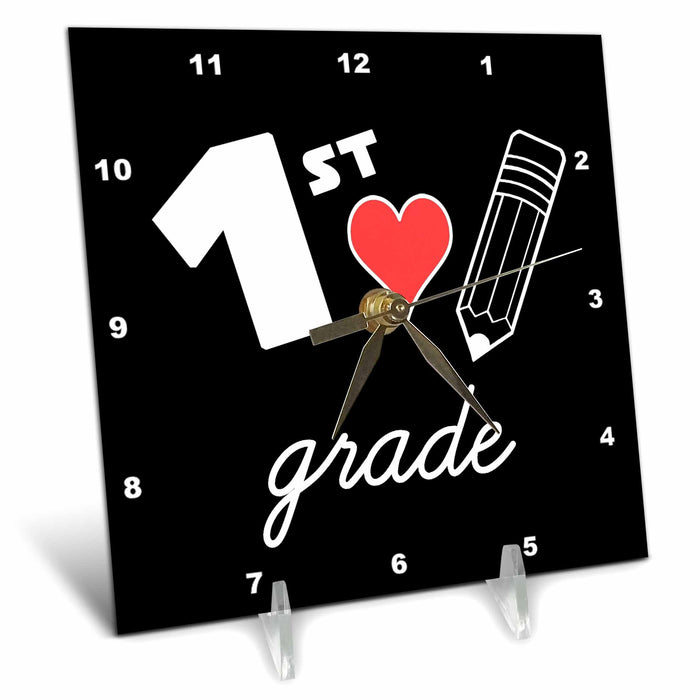 Desk Clock - 1st Grade with clipart red heart and pencil. White lettering on black. Stamp City - typography