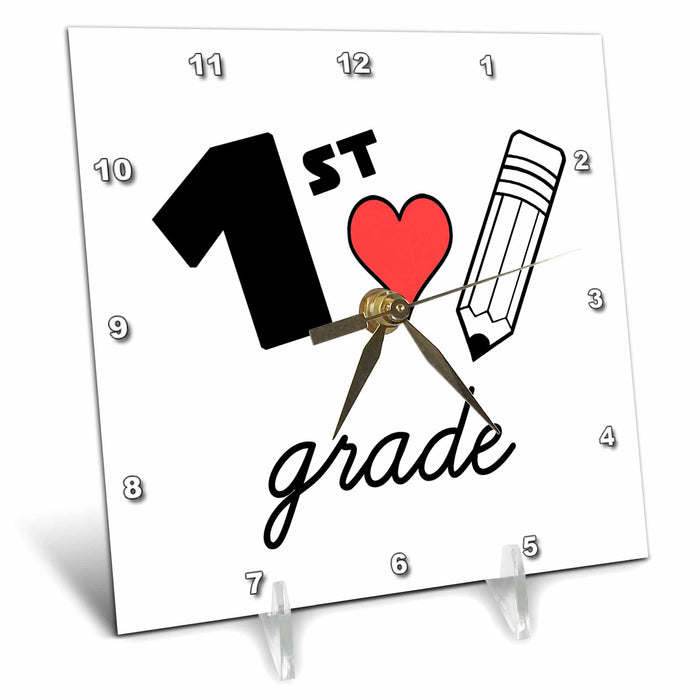 Desk Clock - 1st Grade with clipart red heart and pencil. Black lettering on white. Stamp City - typography