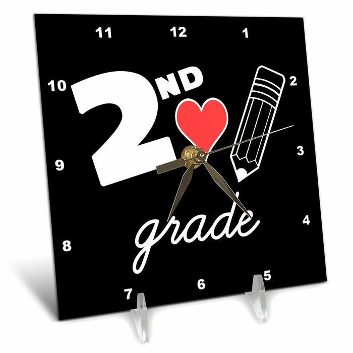 Desk Clock - 2nd Grade with clipart red heart and pencil. White lettering on black. Stamp City - typography