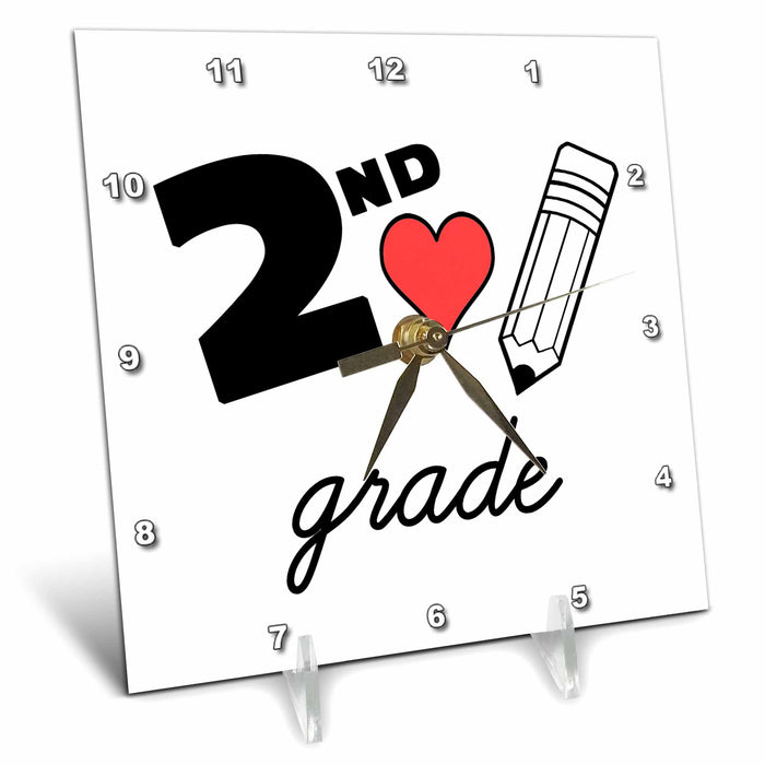 Desk Clock - 2nd Grade with clipart red heart and pencil. Black lettering on white. Stamp City - typography