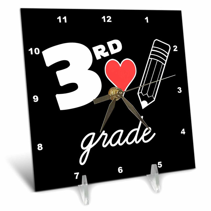 Desk Clock - 3rd Grade with clipart red heart and pencil. White lettering on black. Stamp City - typography