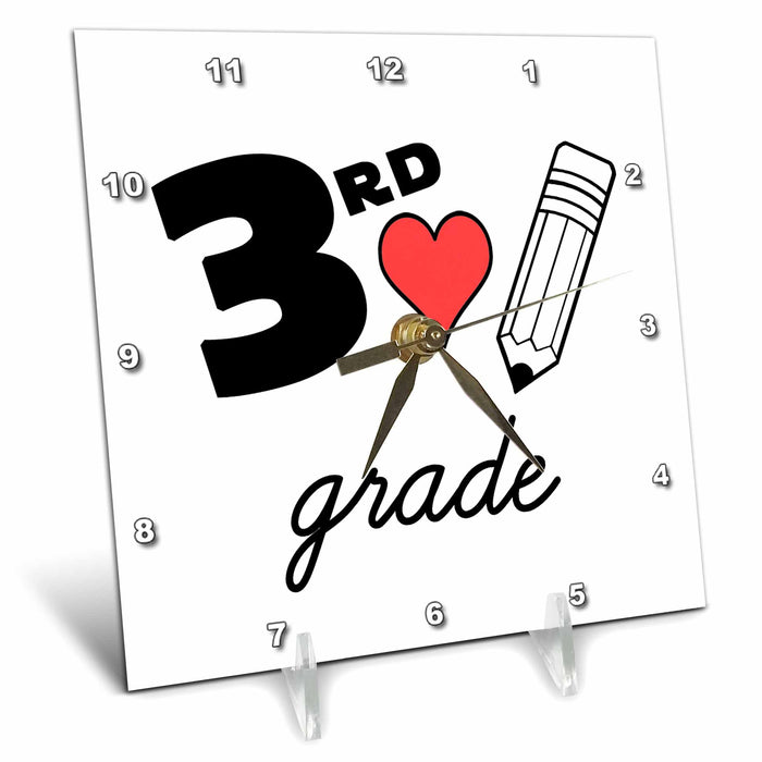 Desk Clock - 3rd Grade with clipart red heart and pencil. Black lettering on white. Stamp City - typography