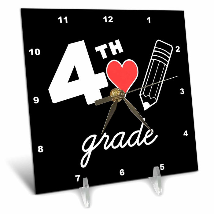 Desk Clock - 4th Grade with clipart red heart and pencil. White lettering on black. Stamp City - typography