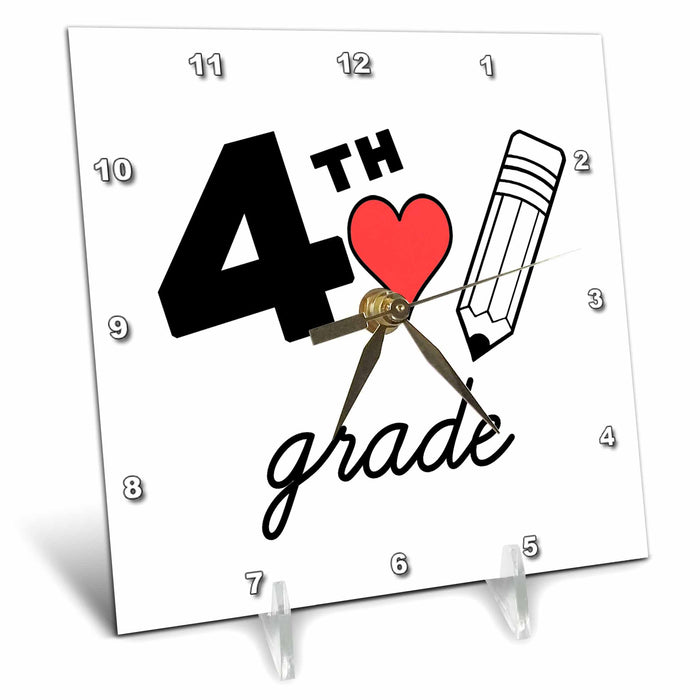 Desk Clock - 4th Grade with clipart red heart and pencil. Black lettering on white. Stamp City - typography