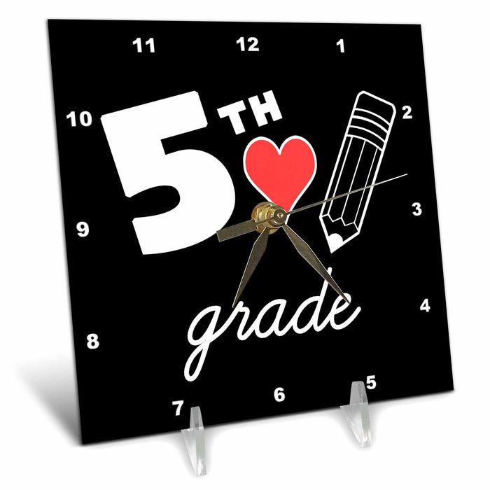 Desk Clock - 5th Grade with clipart red heart and pencil. White lettering on black. Stamp City - typography