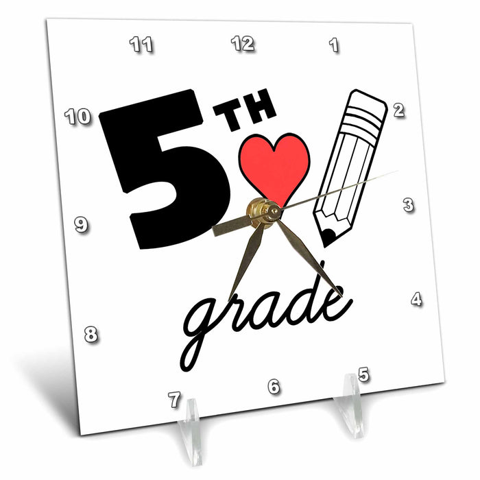 Desk Clock - 5th Grade with clipart red heart and pencil. Black lettering on white. Stamp City - typography