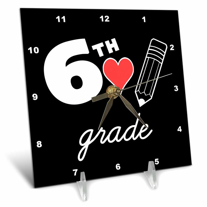 Desk Clock - 6th Grade with clipart red heart and pencil. White lettering on black. Stamp City - typography