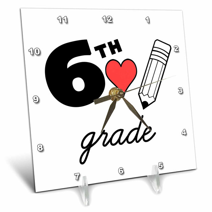 Desk Clock - 6th Grade with clipart red heart and pencil. Black lettering on white. Stamp City - typography