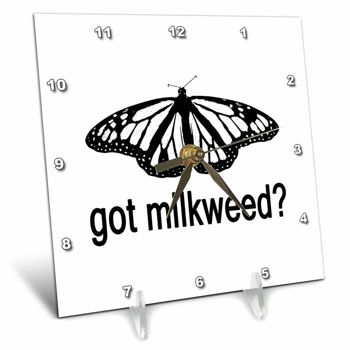 Desk Clock - Stamp of a Monarch butterfly with Got Milkweed on white background. Stamp City - typography