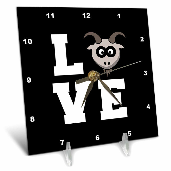 Desk Clock - LOVE with clipart of a goat head as the O. White lettering on black. Stamp City - typography