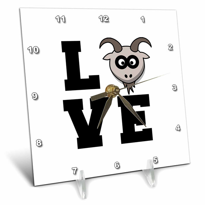 Desk Clock - LOVE with clipart of a goat head as the O. Black lettering on white. Stamp City - typography