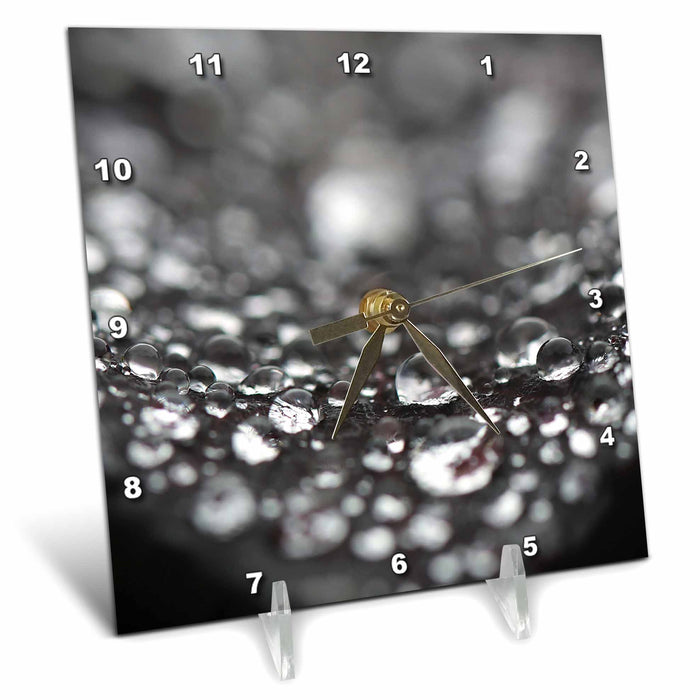 Desk Clock - Macro photo of raindrops gathered on a purple leaf of a redbud tree. Stamp City - photography