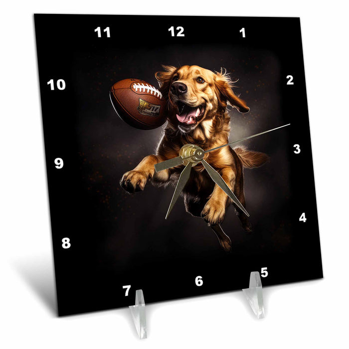 Desk Clock - Photo of a Golden Retriever jumping in the air to catch a football. Stamp City - photography