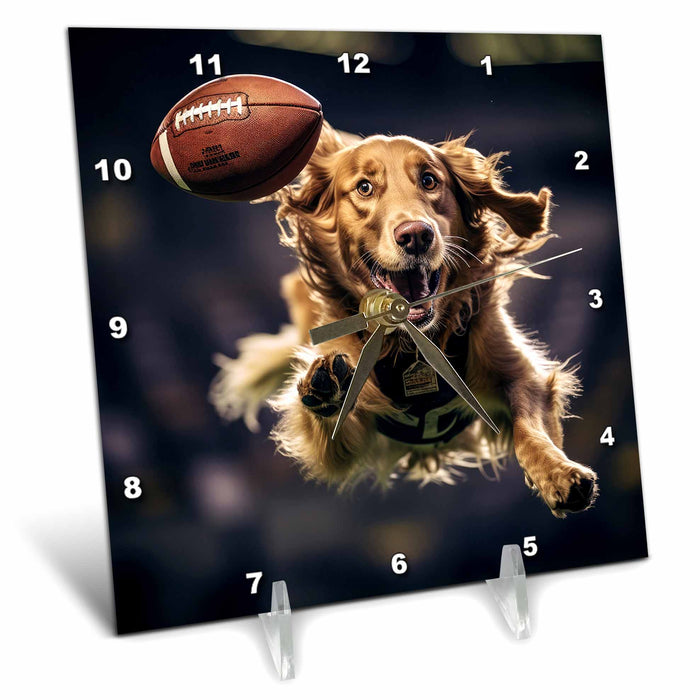 Desk Clock - Photo of a Golden Retriever in uniform jumping to catch a football. Stamp City - photography