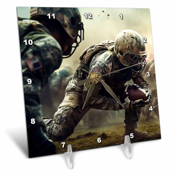 Desk Clock - Photo of soldiers playing American football on a massive battle field. Stamp City - photography