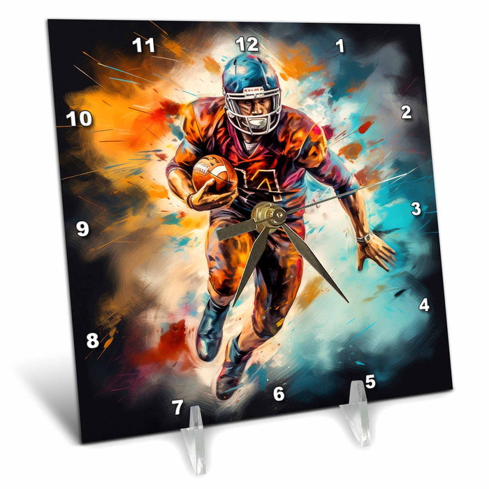 Desk Clock - Colorful painting of an American football player running with the ball Stamp City - painting