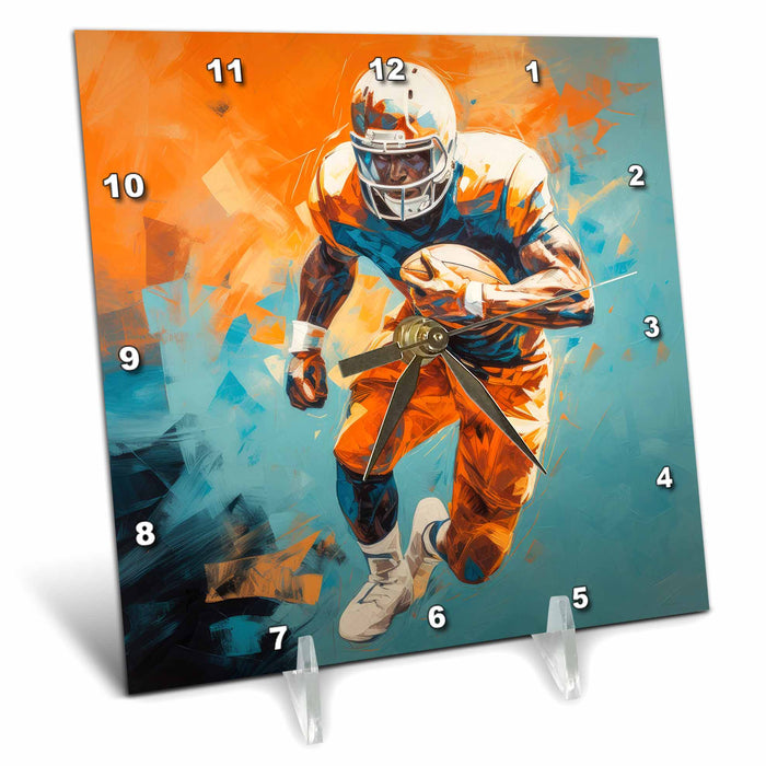 Desk Clock - Orange and teal painting of a football player running with the ball. Stamp City - painting