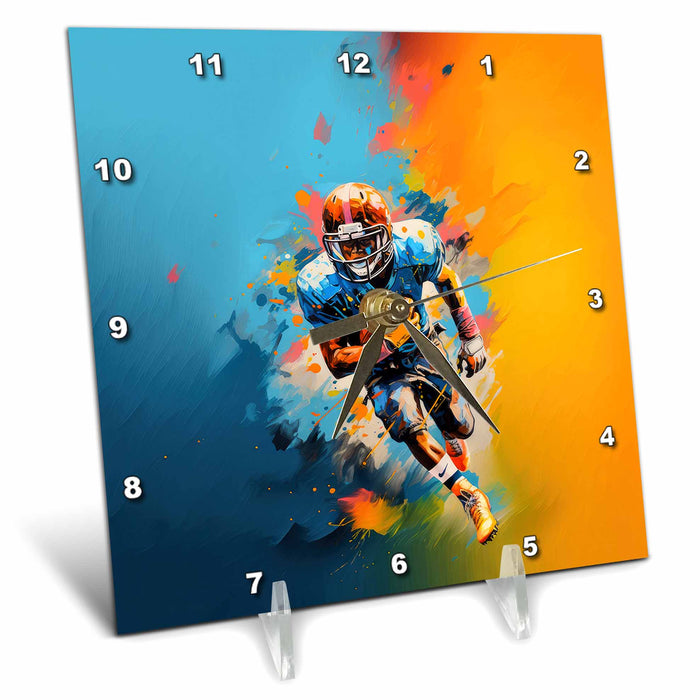 Desk Clock - Colorful painting of a young football player running with the ball. Stamp City - painting