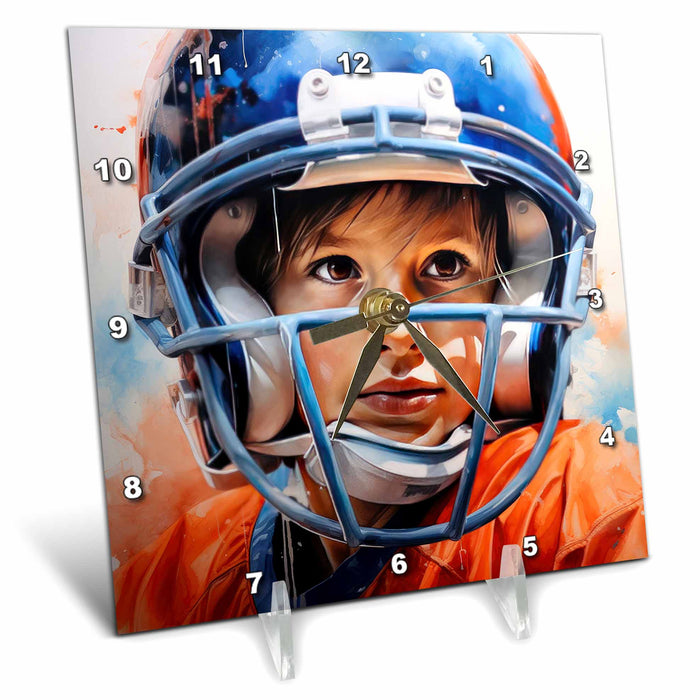 Desk Clock - A vibrant painting of a young boy in an American football helmet. Stamp City - painting