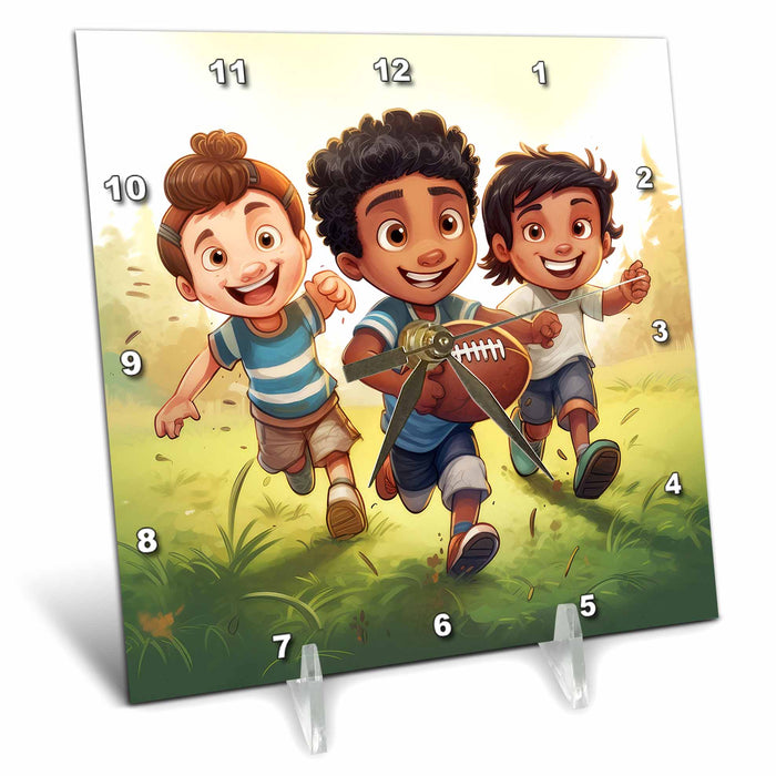 Desk Clock - An illustration of three young children running with a football. Stamp City - illustration