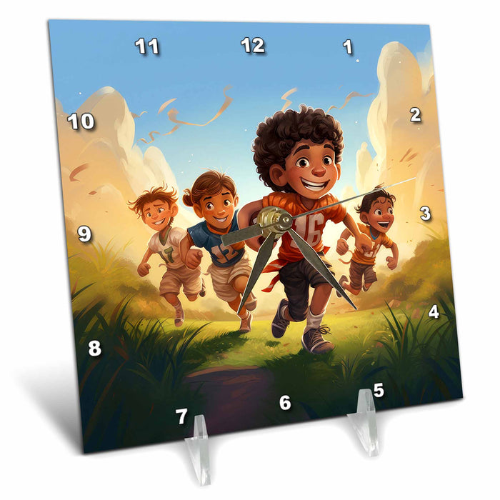 Desk Clock - An illustration of young children running in a field with a football. Stamp City - illustration