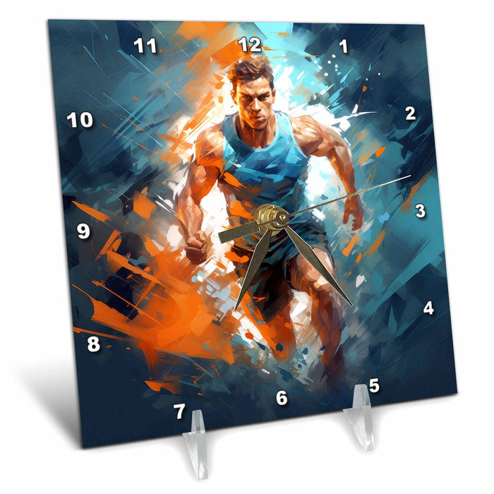 Desk Clock - A painting with blue and orange brushstrokes of an athlete running. Stamp City - painting