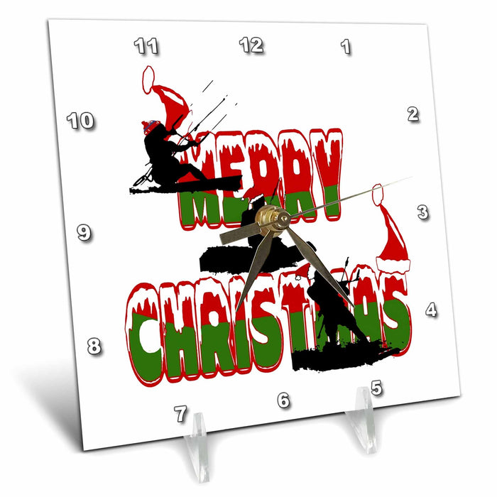 Desk Clock - Festive Merry Christmas Seasonal Holiday Kitesurfing Vector Art - Kitesurfing Christmas