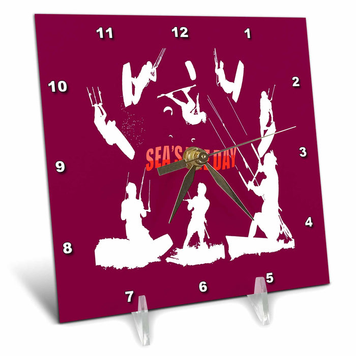 Desk Clock - Kitesurfer Pattern Black Silhouette Seas The Day Fun Pun Vector Art - Kitesurfing Sport Action