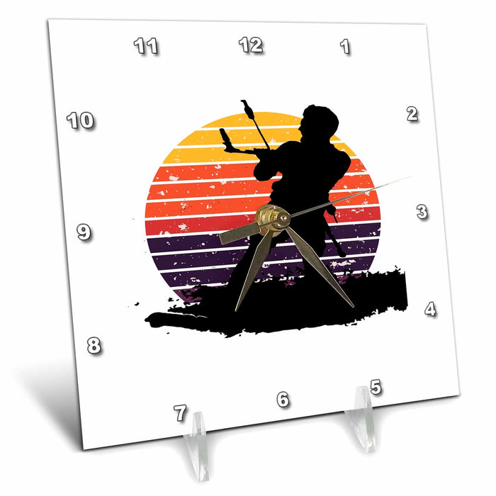 Desk Clock - Kitesurfing Enthusiast Riding A Wave Silhouette Retro Sunset Vector Art - Kitesurfing Sport Action