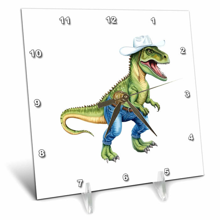 Desk Clock - Texan Cowboy Dinosaur Wearing Denim Jeans Vector Art - Texas Fashion Humor