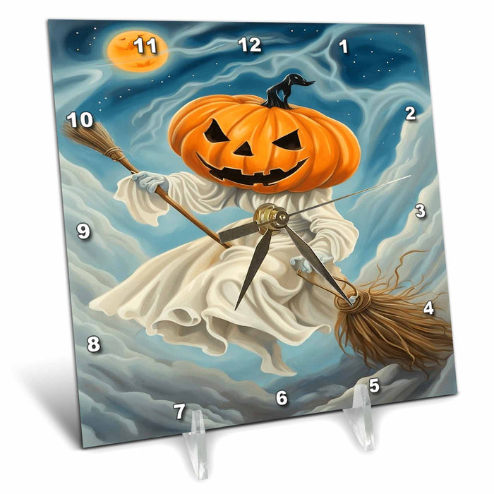 Desk Clock - Flying Ghost Witch With Jack-O-Lantern Face Sat Astride A Broomstick Acrylic Painting - Hallowen Ghost Witch