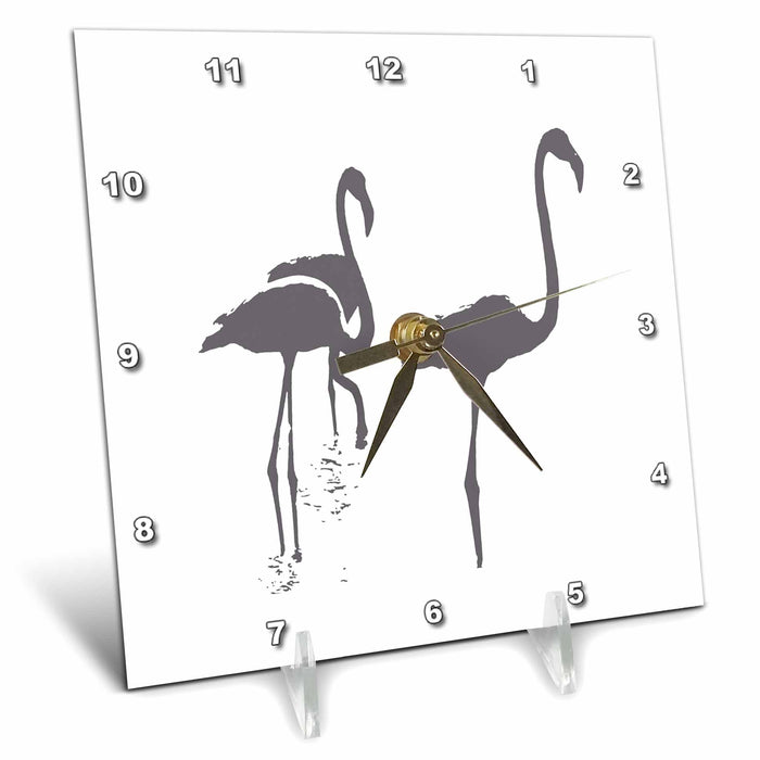 Desk Clock - Minimalistic Three Flamingos Grey Silhouette Vector Art - Flamingo Silhouette