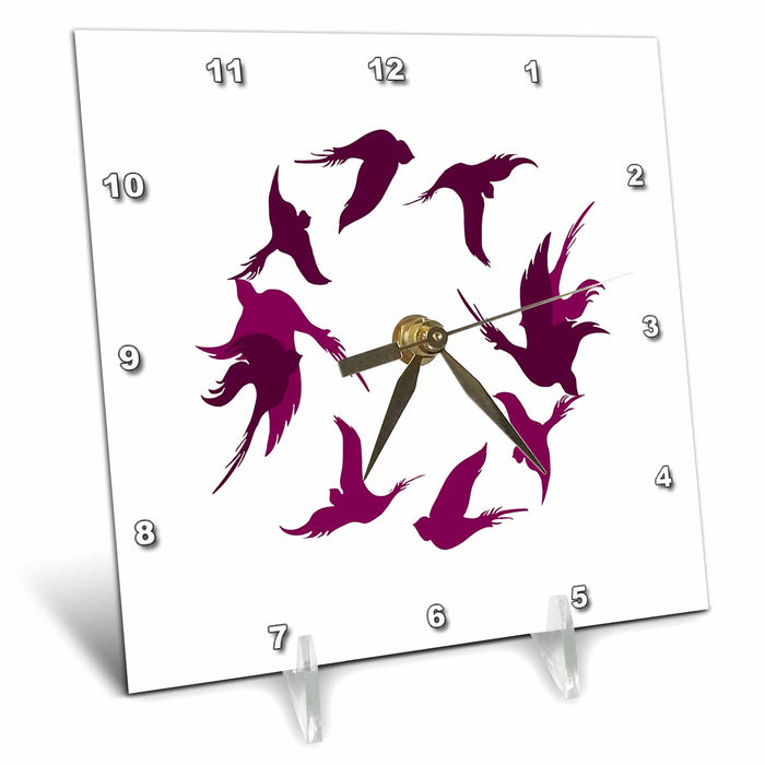 Desk Clock - Swallows In Flight Stylized Silhouette Art Magenta Pink Vector Art - Swallow Bird Silhouette