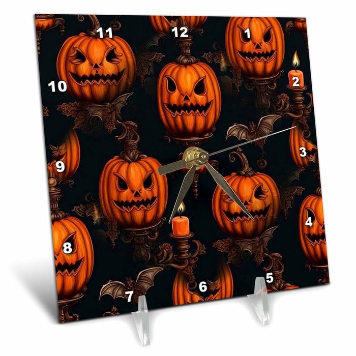 Desk Clock - Jack O Lanterns, Flying Bats And Gothic Candle Sconce Cut Out Vector Art - Halloween Lantern