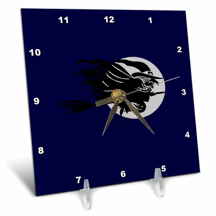 Desk Clock - Flying Witch Sat Astride A Broomstick In Front Of Moon Vector Art - Halloween Witch