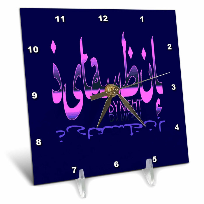 Desk Clock - Istanbul By Night Pink and Blue Calligraphic Text Vector Art - Istanbul Calligraphy