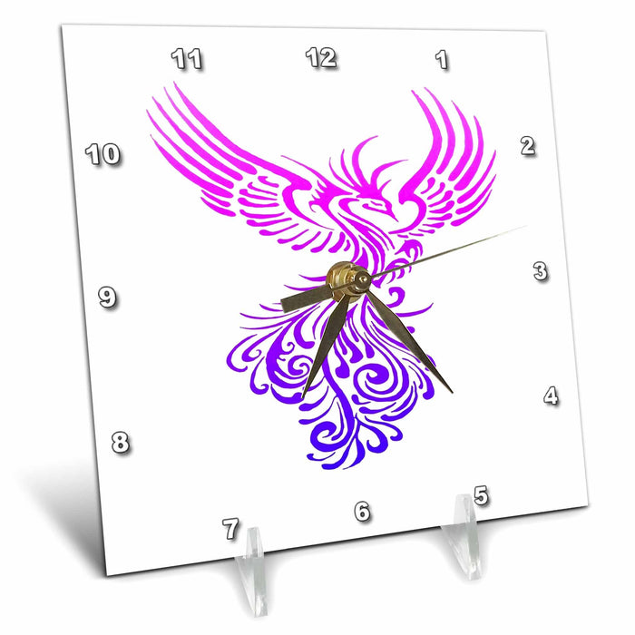 Desk Clock - Rising From The Ashes Artistic Phoenix Pink Through Lilac Vector Art - Mythical Phoenix Creature