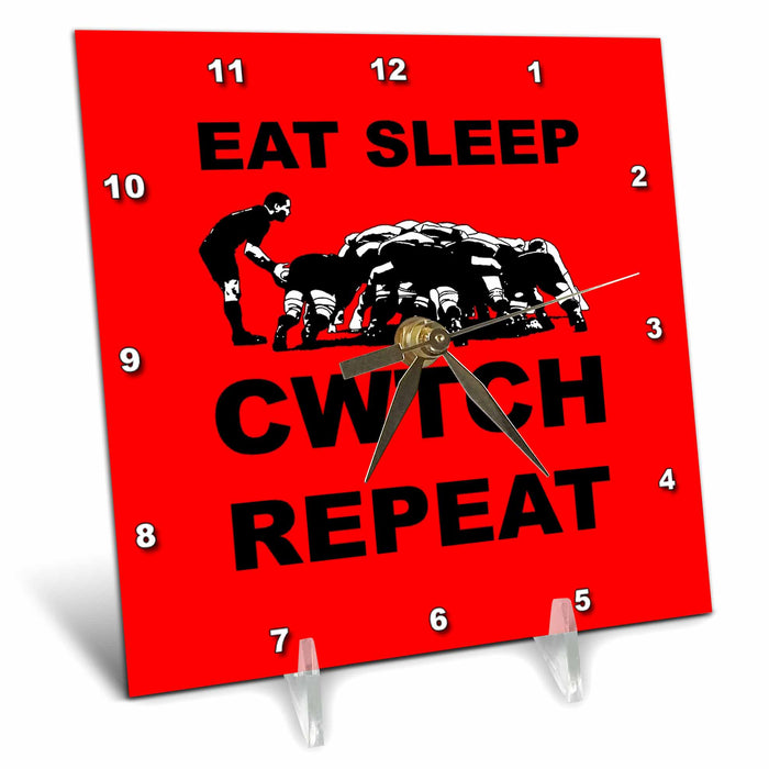 Desk Clock - Eat Sleep Cwtch Repeat Welsh Rugby Humour Vector Art - Wales Rugby Humor