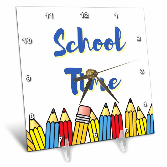 Desk Clock - Image of a Pencil with Text of School Time 3dRose Mary Aikeen- Back to School