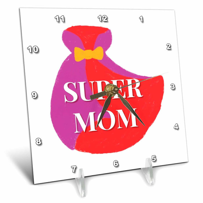 Desk Clock - Image of a Cape with Text of Super Mom 3dRose Mary Aikeen- Mothers Day