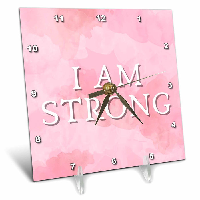 Desk Clock - Cute Pink Background with Text I am Strong 3dRose Mary Aikeen- Quotes about Woman