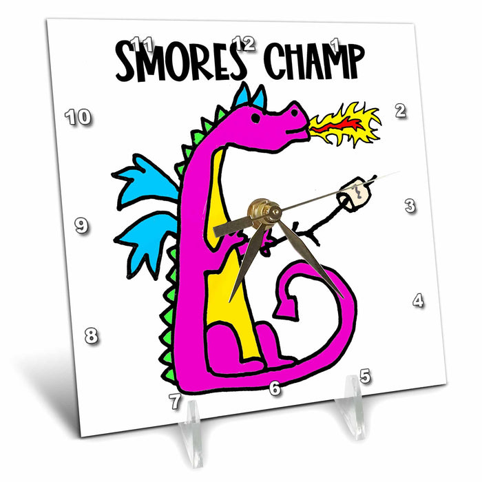 Desk Clock - Cool Funny Cute Purple Dragon Smores Champ for Campers Dragons and Unicorns