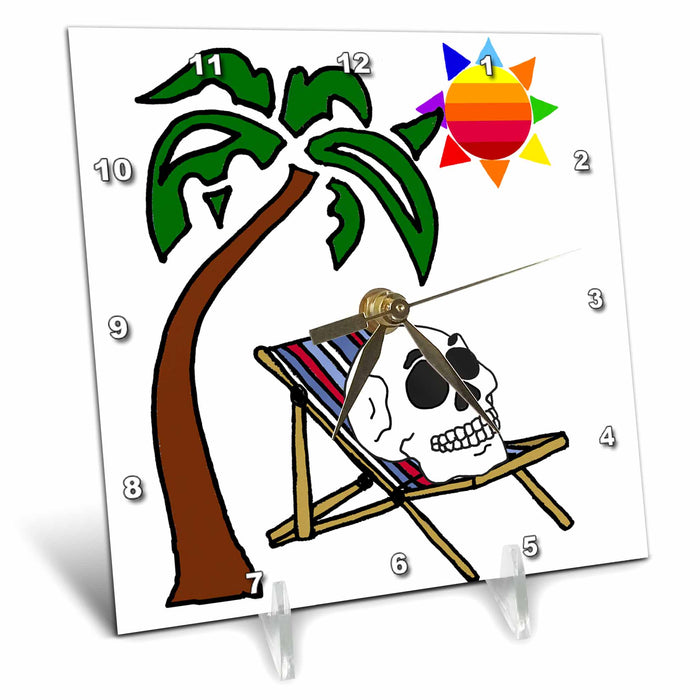 Desk Clock - Cool Funny Cute Skeleton Skull on Beach Chair Summerween Satire Funny