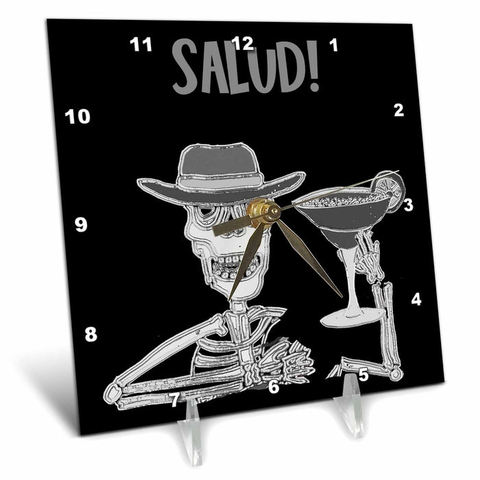 Desk Clock - Funny Cute Skeleton Drinking Margarita Salud Cheers Satire Funny