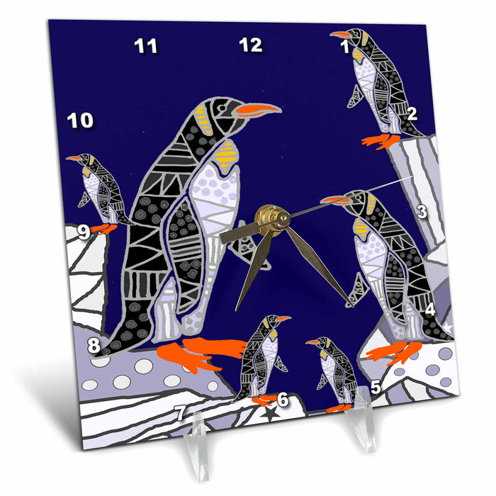 Desk Clock - Funny Cute Cool Penguins on Rocks Abstract Art with Patterns Birds