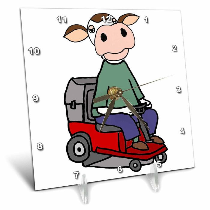 Desk Clock - Cute Funny Cow Driving Riding Lawn mower Mowing Lawn Satire Funny