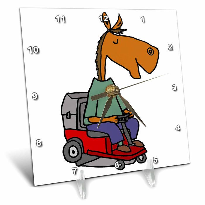 Desk Clock - Cute Funny Horse Driving Riding Lawn mower Mowing Lawn Satire Funny