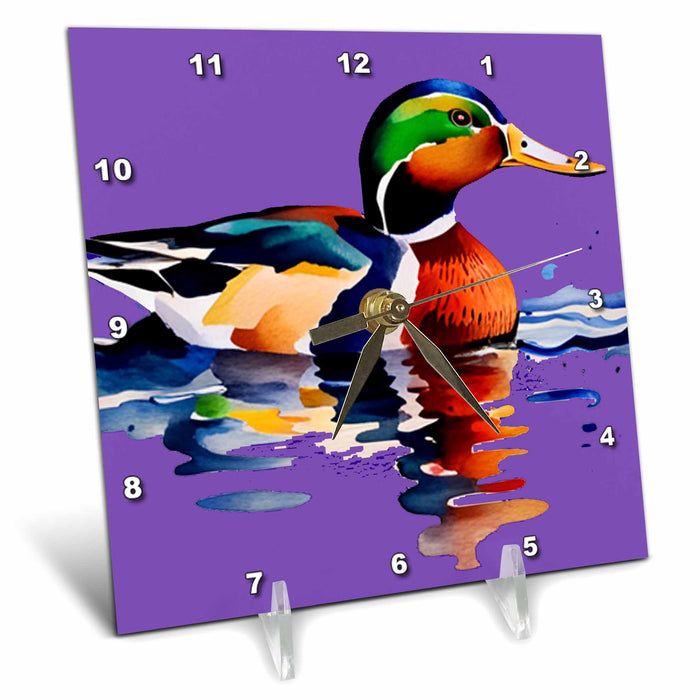 Desk Clock - Cute Cool Colorful Mallard Duck Bird Nature Abstract Art Water Color Birds