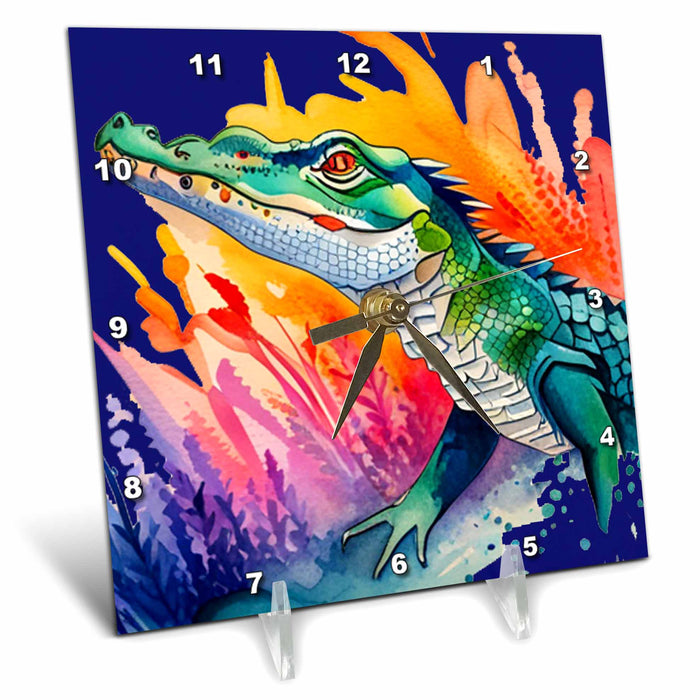 Desk Clock - Cute Cool Colorful alligator Splashing Nature Abstract Art Water Color Animals