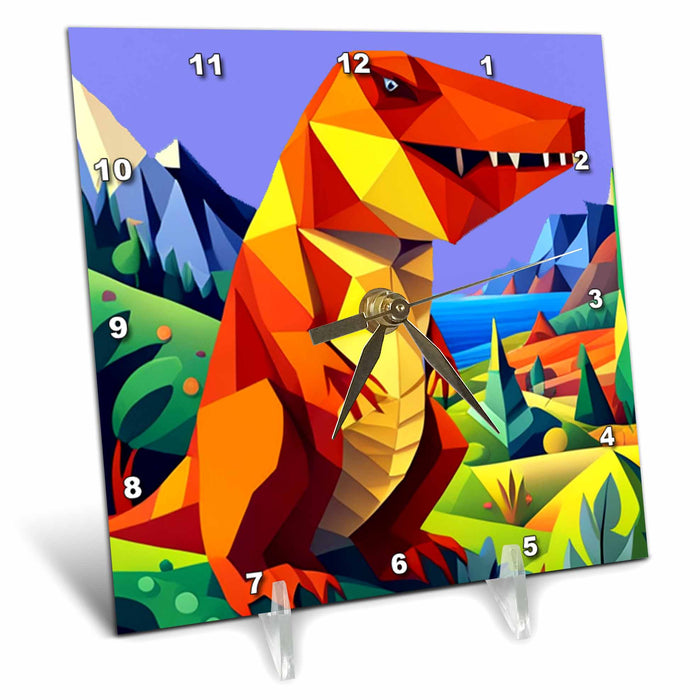 Desk Clock - Funny Cute Colorful T-rex Dinosaur Nature Cubism Style Abstract Art Dinosaurs